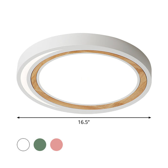 Acrylic LED Drum Ceiling Light for Kids' Bedroom with Wood Ring - White/Pink/Green Flush Mount Fixture