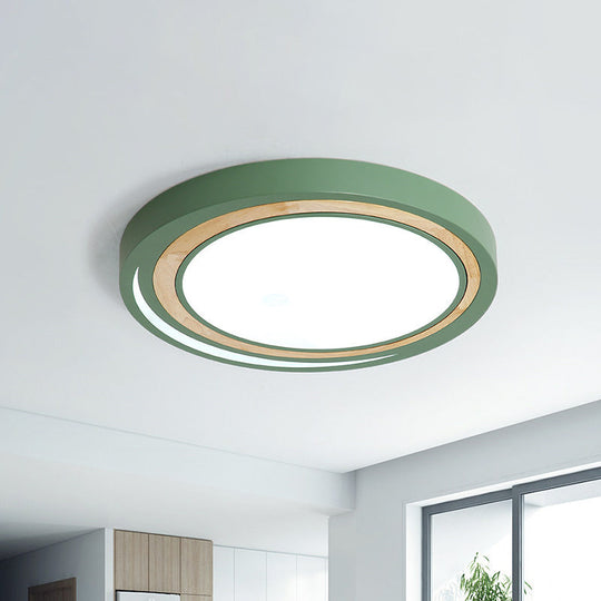 Acrylic LED Drum Ceiling Light for Kids' Bedroom with Wood Ring - White/Pink/Green Flush Mount Fixture