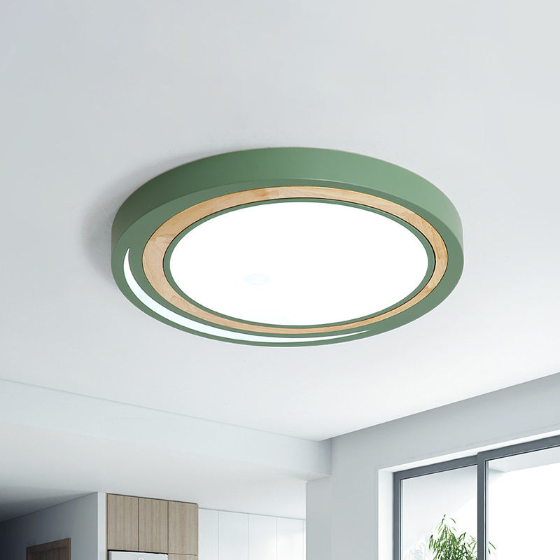 Acrylic Led Drum Ceiling Light For Kids Bedroom With Wood Ring - White/Pink/Green Flush Mount