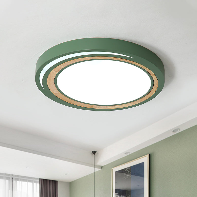 Acrylic LED Drum Ceiling Light for Kids' Bedroom with Wood Ring - White/Pink/Green Flush Mount Fixture