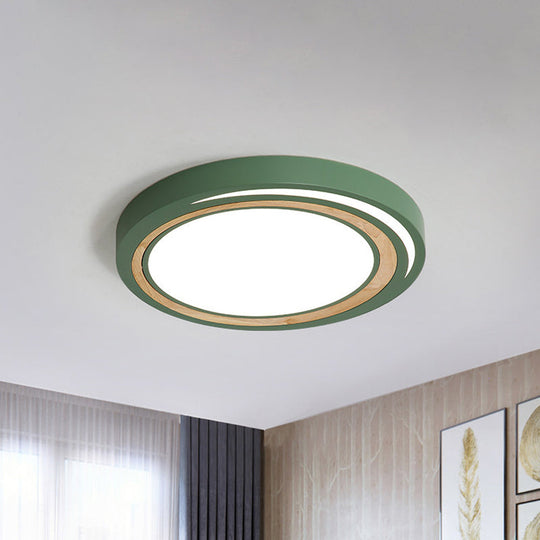 Acrylic LED Drum Ceiling Light for Kids' Bedroom with Wood Ring - White/Pink/Green Flush Mount Fixture