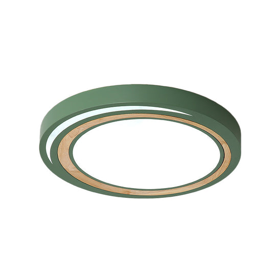 Acrylic Led Drum Ceiling Light For Kids Bedroom With Wood Ring - White/Pink/Green Flush Mount