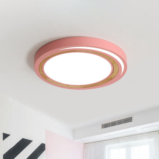 Acrylic LED Drum Ceiling Light for Kids' Bedroom with Wood Ring - White/Pink/Green Flush Mount Fixture