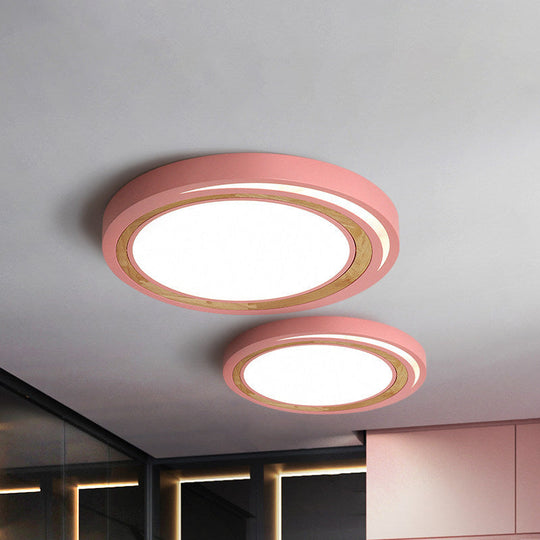 Acrylic LED Drum Ceiling Light for Kids' Bedroom with Wood Ring - White/Pink/Green Flush Mount Fixture