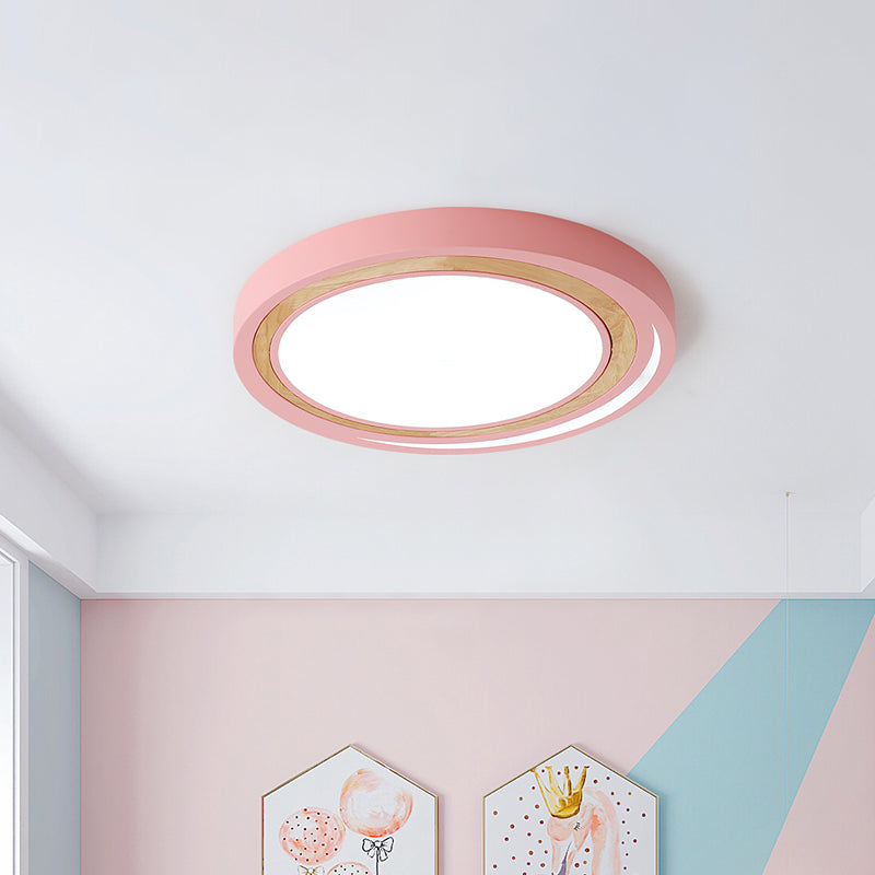 Acrylic LED Drum Ceiling Light for Kids' Bedroom with Wood Ring - White/Pink/Green Flush Mount Fixture