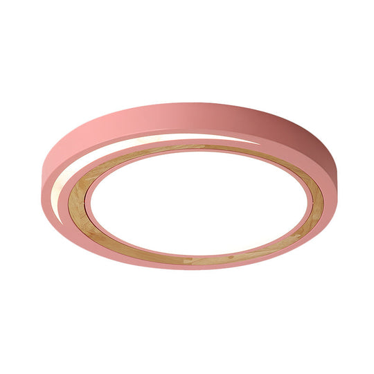 Acrylic LED Drum Ceiling Light for Kids' Bedroom with Wood Ring - White/Pink/Green Flush Mount Fixture