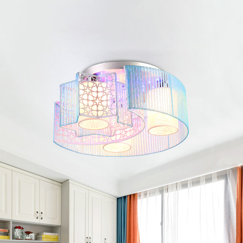 Metal Moon & Star Led Flushmount Light In Pink/Blue For Modern Bedroom Lighting