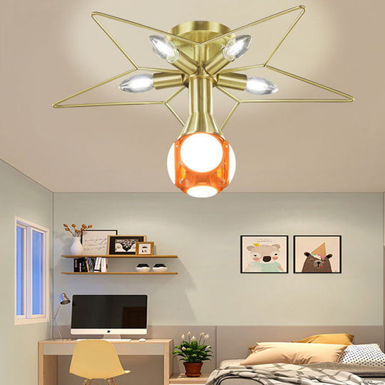 Modern Semi-Flush Mount Ceiling Lamp - 6 Bulbs, Metal Shade, White/Red Star Design - Bedroom Lighting