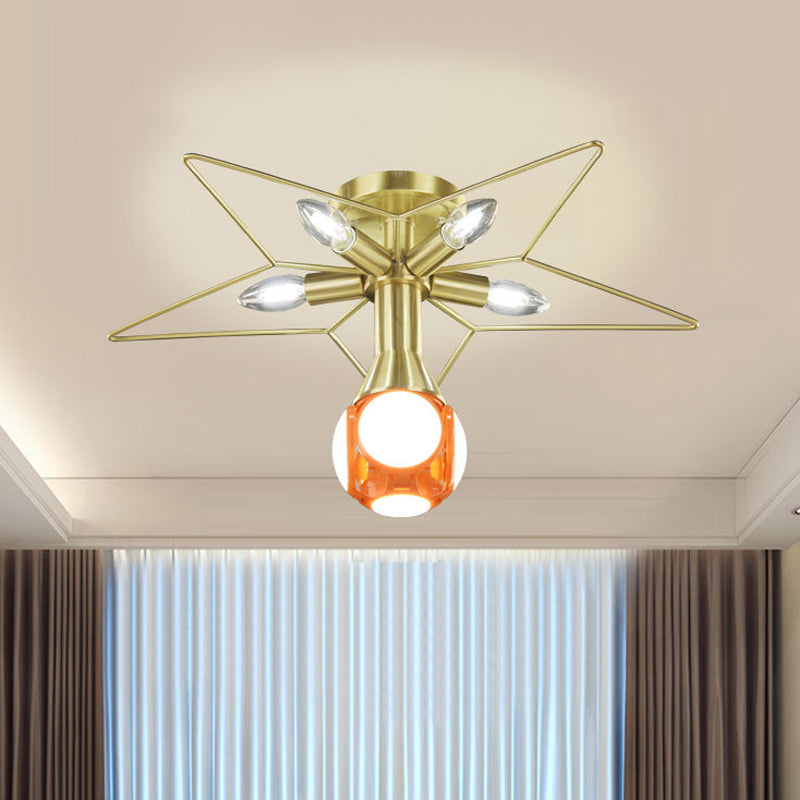 Modern Semi-Flush Mount Ceiling Lamp - 6 Bulbs, Metal Shade, White/Red Star Design - Bedroom Lighting