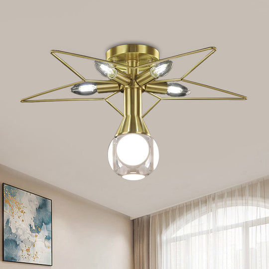 Modern Semi-Flush Mount Ceiling Lamp - 6 Bulbs, Metal Shade, White/Red Star Design - Bedroom Lighting