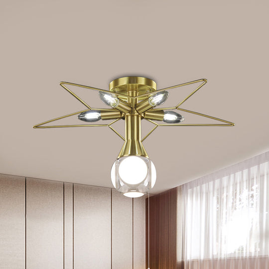 Modern Semi-Flush Mount Ceiling Lamp - 6 Bulbs, Metal Shade, White/Red Star Design - Bedroom Lighting