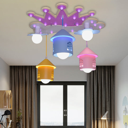 Cartoon Pink Crown Flush Mount Ceiling Lamp with Iron House Shade - Semi Flush Wood Light, 5 Lights