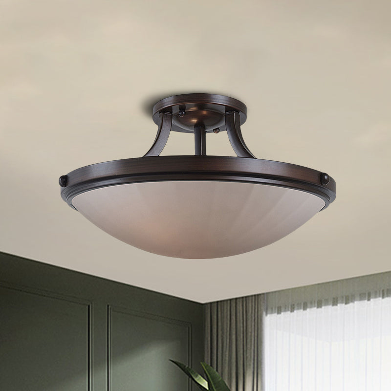 Classic Frosted Glass Bowl Semi Flush Mount Light Fixture for Bedroom - Black/Silver, 3-Light