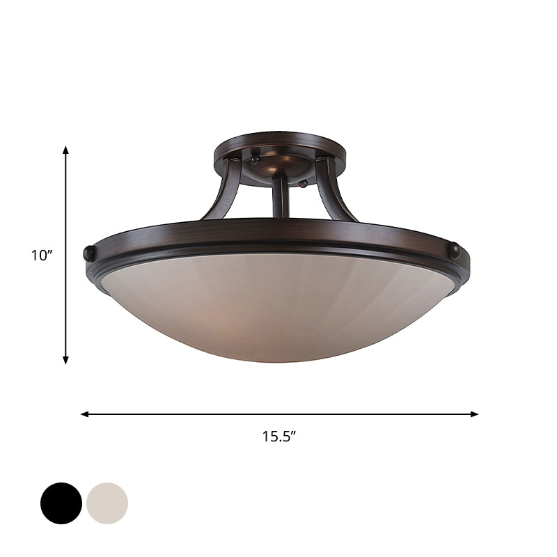 Classic Frosted Glass Bowl Semi Flush Mount Light Fixture for Bedroom - Black/Silver, 3-Light