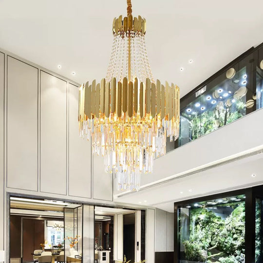 Gold Tiered Crystal Chandelier Lamp with 10 Bulbs – Elegant Simplicity and Cone Design