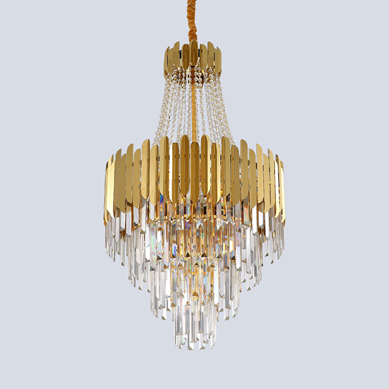 Gold Tiered Crystal Chandelier Lamp with 10 Bulbs – Elegant Simplicity and Cone Design