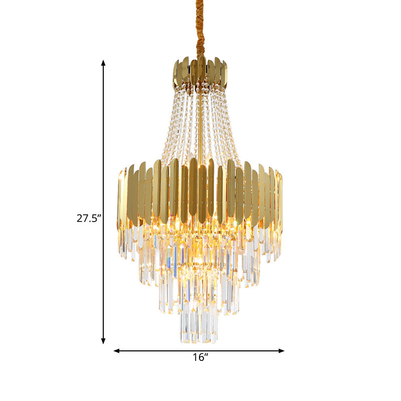 Golden Cone Design Chandelier With 10 Bulbs & Clear Crystal - Simplicity Tiered Lamp Fixture