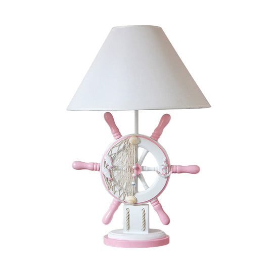 Rudder Wood Table Lamp - Cartoon 1 Head Pink/Green Nightstand For Bedroom With Fabric Cone Shade