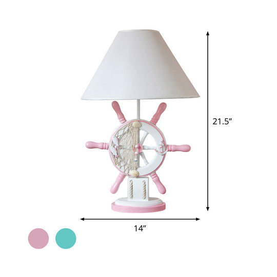 Rudder Wood Table Lamp - Cartoon 1 Head Pink/Green Nightstand For Bedroom With Fabric Cone Shade