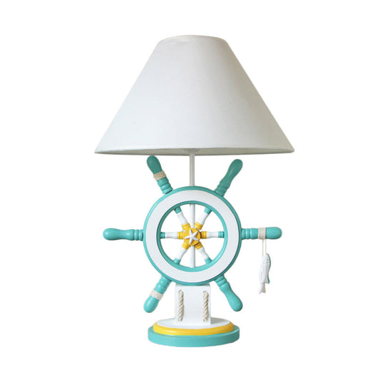 Rudder Wood Table Lamp - Cartoon 1 Head Pink/Green Nightstand For Bedroom With Fabric Cone Shade