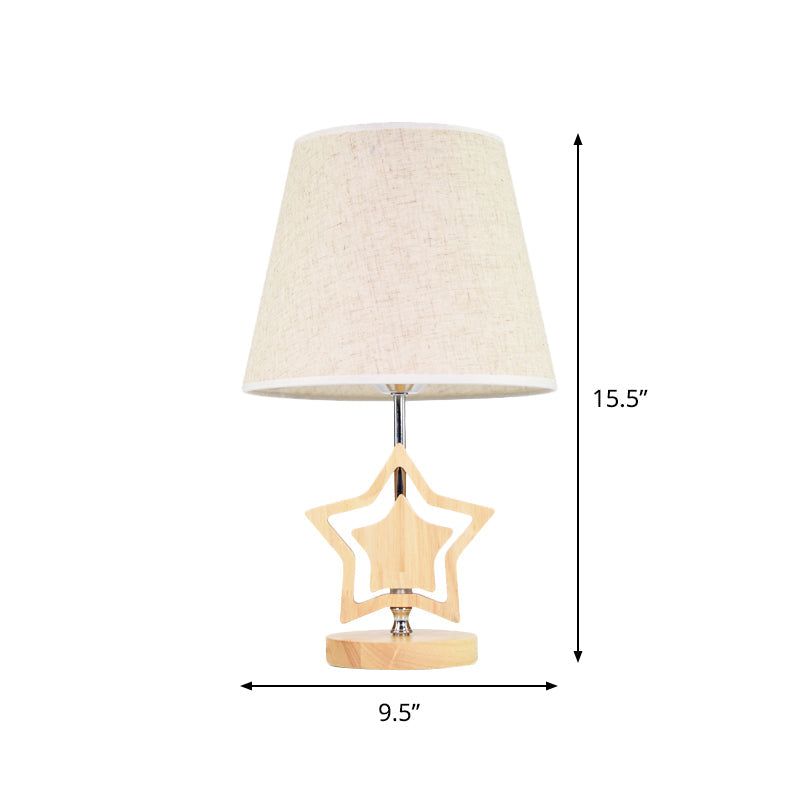 Modern Wood Star Nightstand Lamp With Beige Barrel Fabric Shade