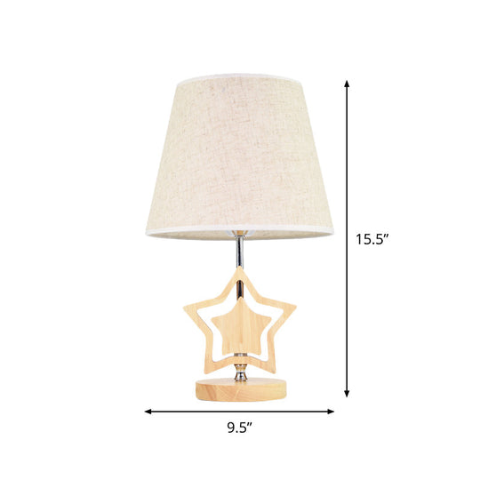 Modern Wood Star Nightstand Lamp With Beige Barrel Fabric Shade