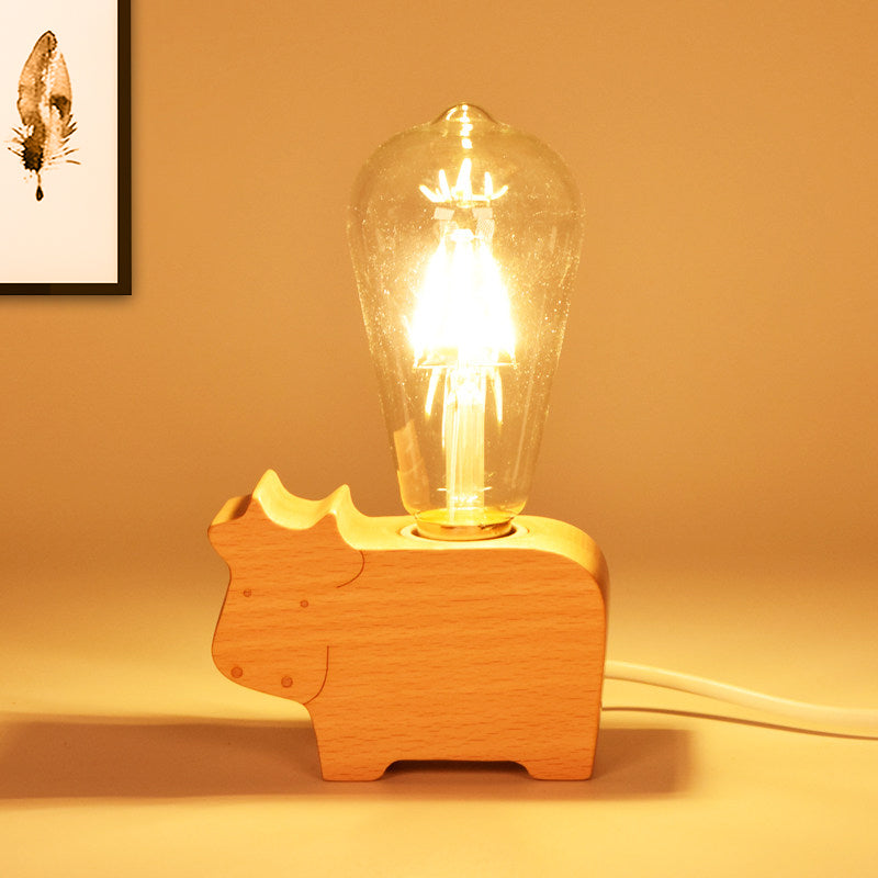 Modern Glass Shade Single Bulb Reading Lamp: Beige Sheep/Elephant/Cow Desk Lamp For Bedroom Wood /