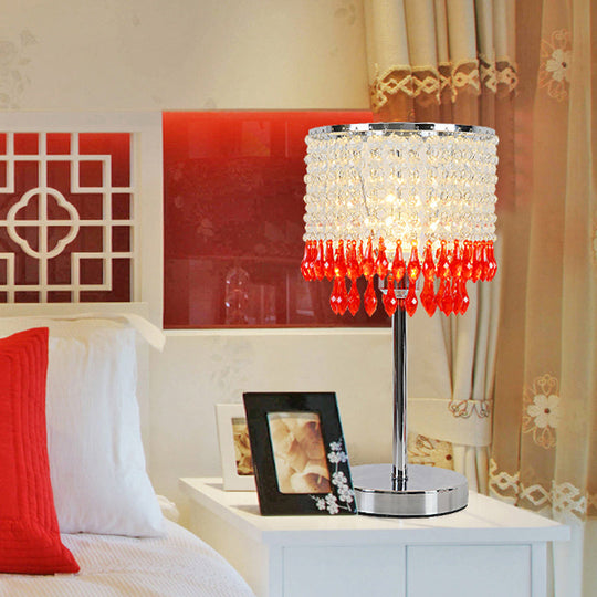 Modern Crystal Beaded Table Lamp - Red/Pink/Purple Tassel Design Single-Bulb Nightstand Light For