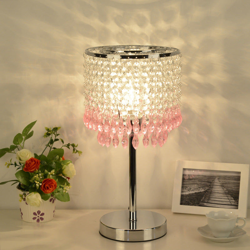 Modern Crystal Beaded Table Lamp - Red/Pink/Purple Tassel Design Single-Bulb Nightstand Light For