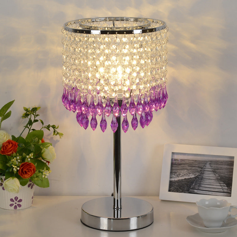 Modern Crystal Beaded Table Lamp - Red/Pink/Purple Tassel Design Single-Bulb Nightstand Light For