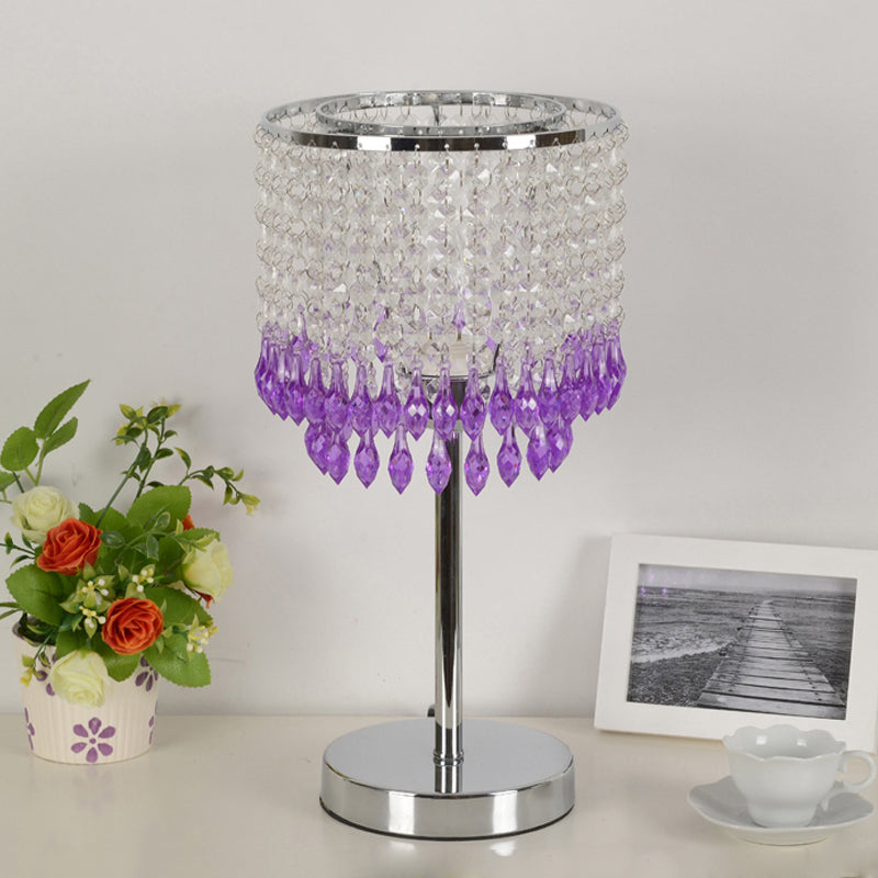 Modern Crystal Beaded Table Lamp - Red/Pink/Purple Tassel Design Single-Bulb Nightstand Light For