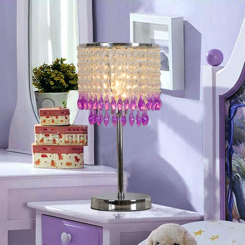 Modern Crystal Beaded Table Lamp - Red/Pink/Purple Tassel Design Single-Bulb Nightstand Light For