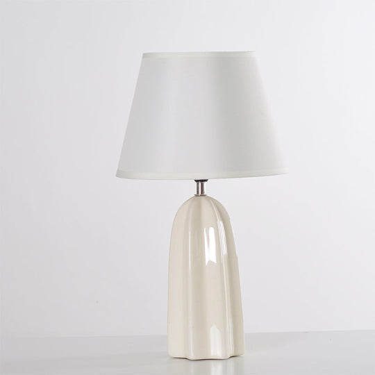 Modernist Fabric Barrel Table Lamp With Prism Ceramics Base - White/Brown Night Light 1 Bulb