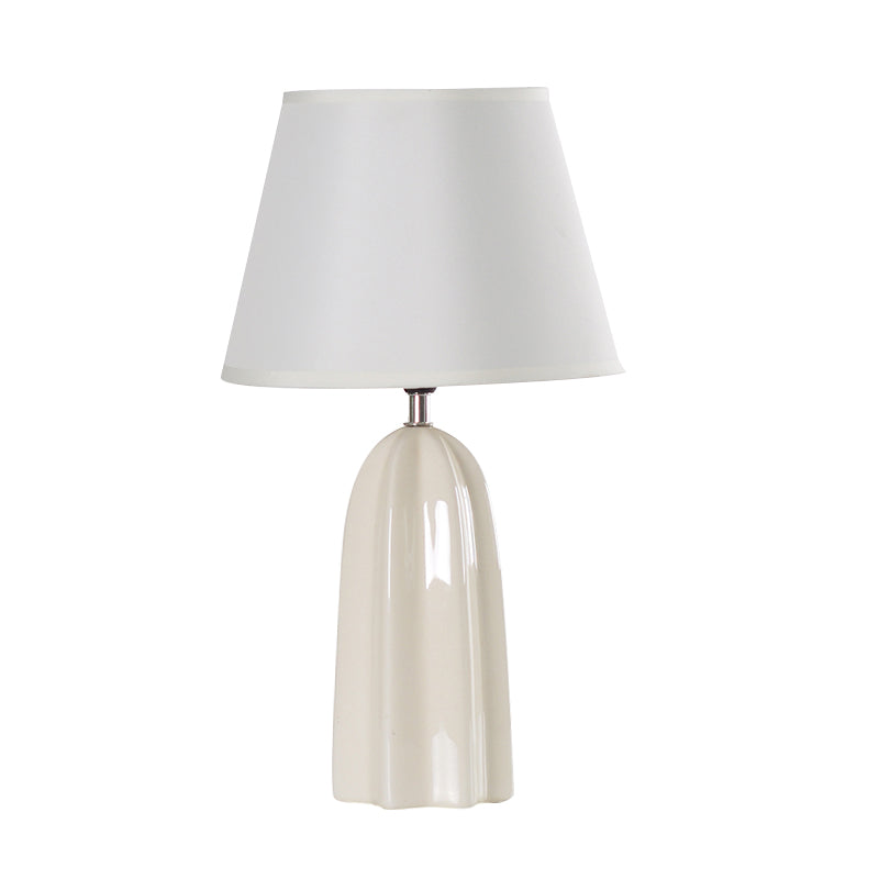 Modernist Fabric Barrel Table Lamp With Prism Ceramics Base - White/Brown Night Light 1 Bulb