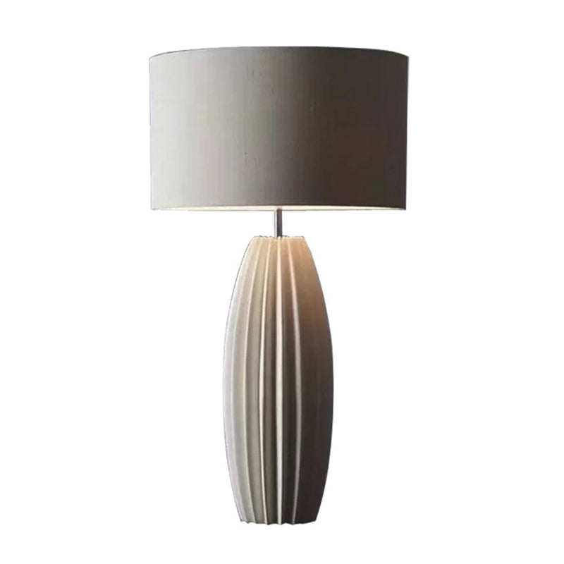 Contemporary 1-Light Ceramic Night Light With Grey Fabric Shade - Modern Drum Nightstand Lamp