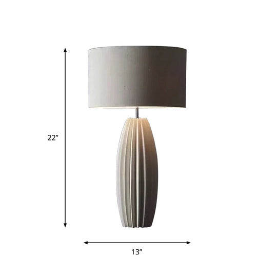 Contemporary 1-Light Ceramic Night Light With Grey Fabric Shade - Modern Drum Nightstand Lamp