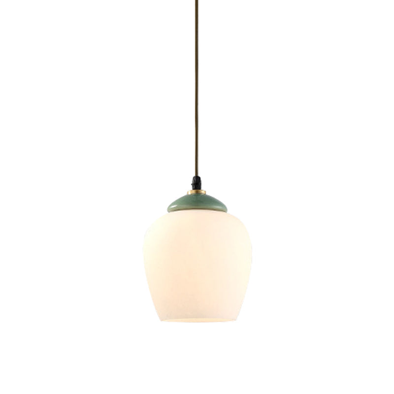 Traditional White Glass Pendant Lamp With Ceramic Top For Restaurants - Tulip/Bell Style