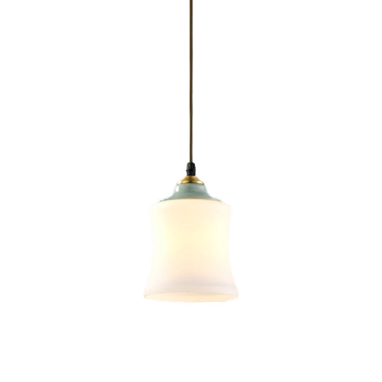 Traditional White Glass Pendant Lamp With Ceramic Top For Restaurants - Tulip/Bell Style