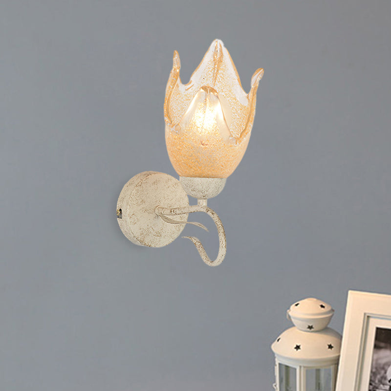 Traditional White Floral Wall Sconce Light With Frosted Glass Elegant 1-Head Lighting For Living