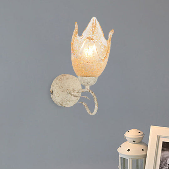 Traditional White Floral Wall Sconce Light With Frosted Glass Elegant 1-Head Lighting For Living