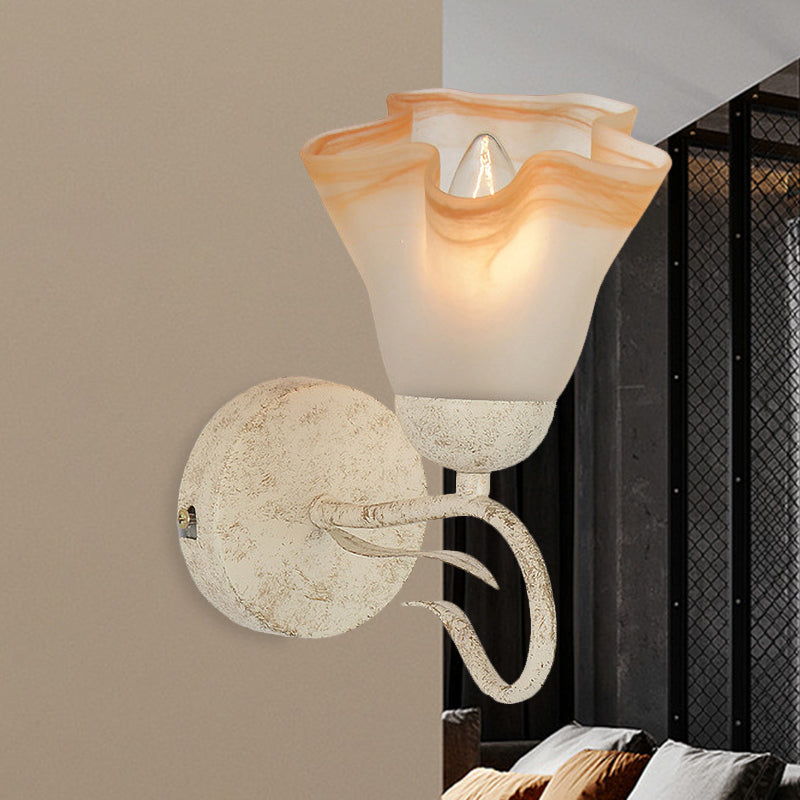 Traditional White Floral Wall Sconce Light With Frosted Glass Elegant 1-Head Lighting For Living