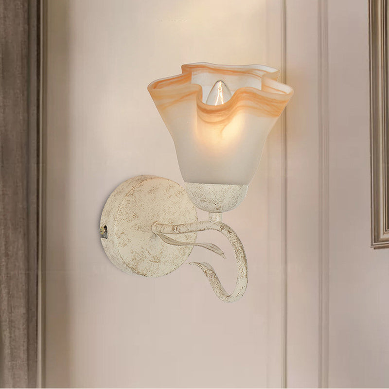 Traditional White Floral Wall Sconce Light With Frosted Glass Elegant 1-Head Lighting For Living