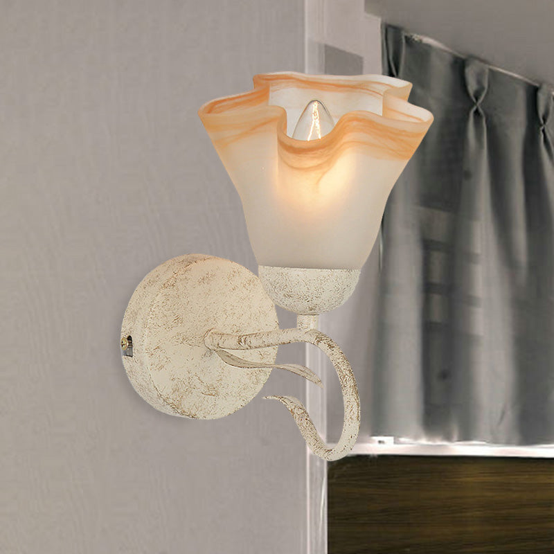 Traditional White Floral Wall Sconce Light With Frosted Glass Elegant 1-Head Lighting For Living