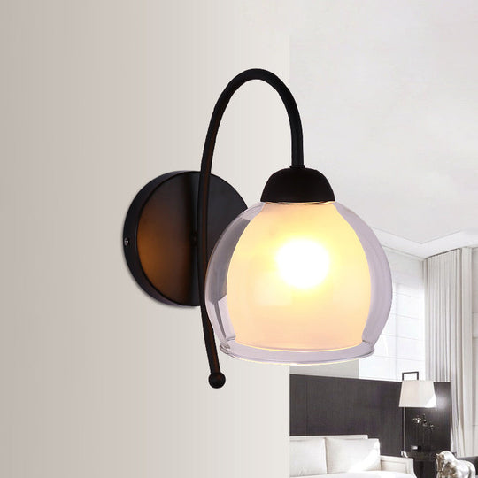 Modern Black Wall Sconce With Gooseneck Arm - Clear And Frosted Glass Single Light