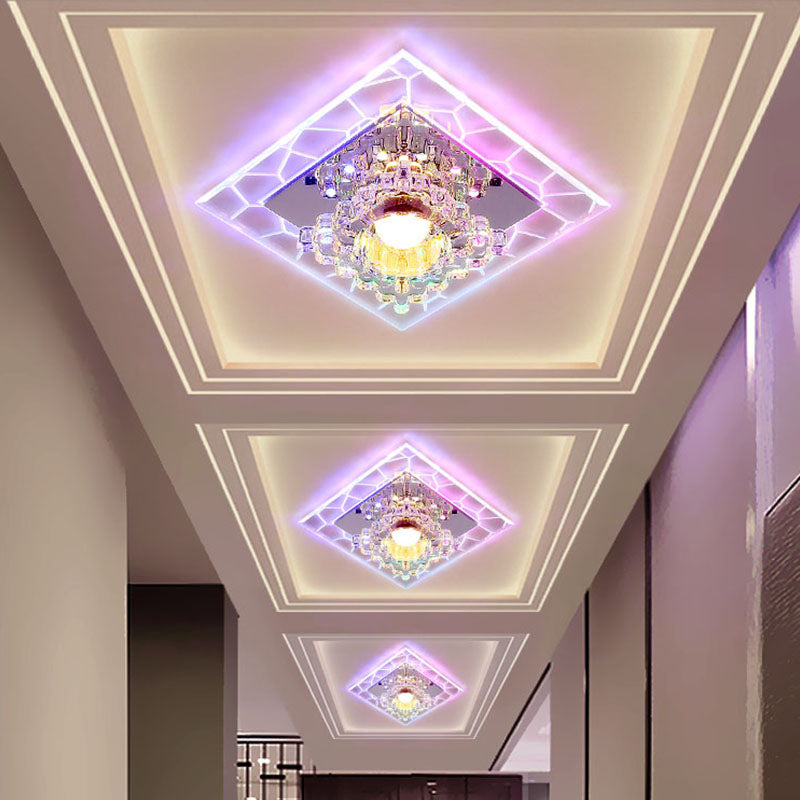 Plafonnier LED contemporain encastré avec abat-jour en cristal transparent en forme de fleur, éclairage blanc/multicolore pour couloirs