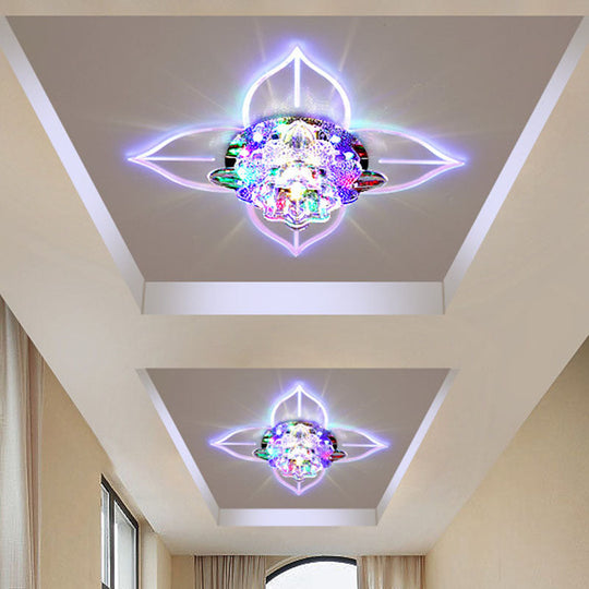 Simple LED Hallway Ceiling Fixture with Clear Crystal Flush Mount & Leaf Edge Design - Warm/White/Multi-color Light