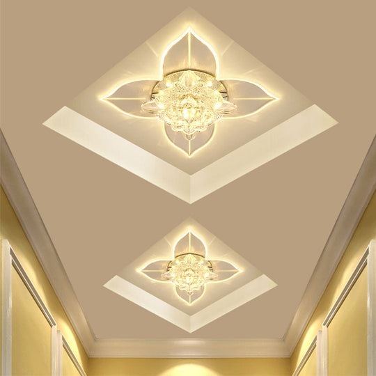 Simple LED Hallway Ceiling Fixture with Clear Crystal Flush Mount & Leaf Edge Design - Warm/White/Multi-color Light