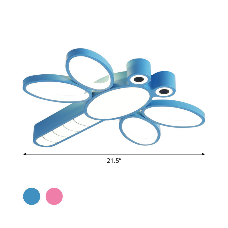 Iron Dragonfly Flush-Mount Cartoon Led Ceiling Light - Pink/Blue With Warm/White Lighting