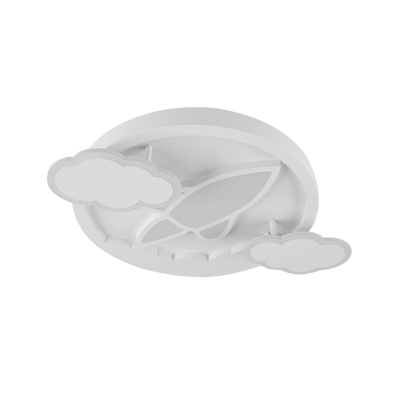 Kids Led Flush Mount Ceiling Light - Creative White Plane Behind Cloud Design With Acrylic Shade