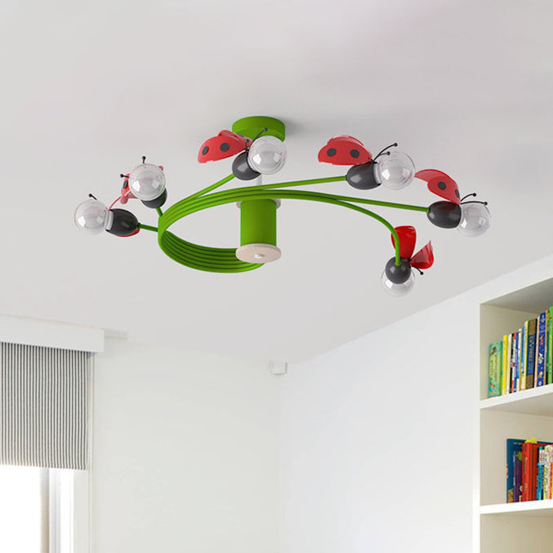 Semi Flush Kids 6-Light Metal Ceiling Lighting Fixture - Green Twisted Vine Design with Butterfly Detail